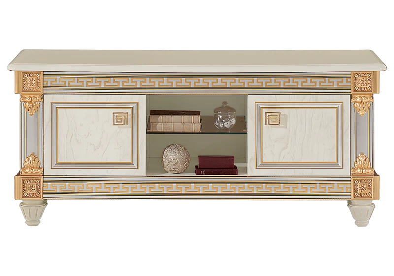 Meuble TV avec vitrines blanc laqué et doré - Liberty