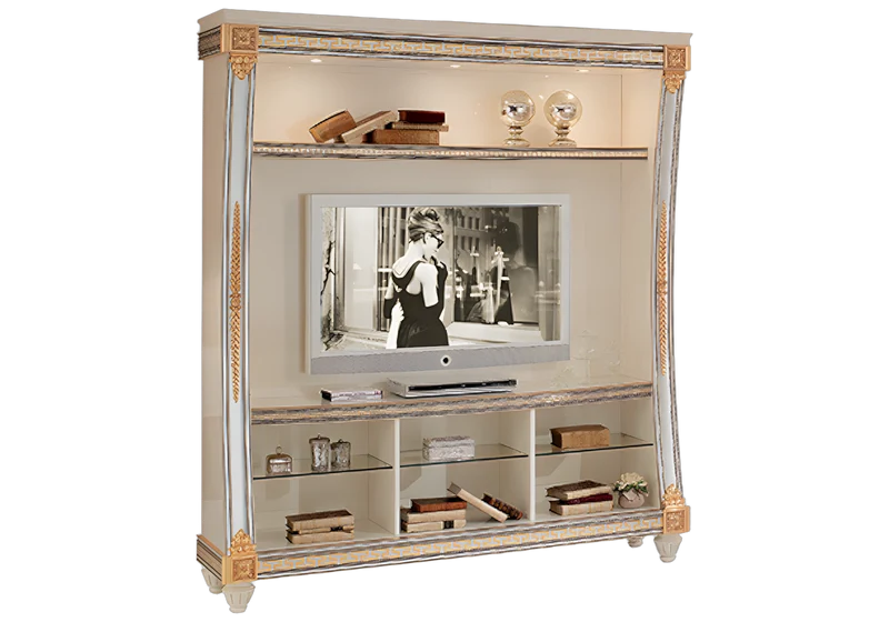 Meuble TV bibliothèque blanc laqué et doré - Liberty