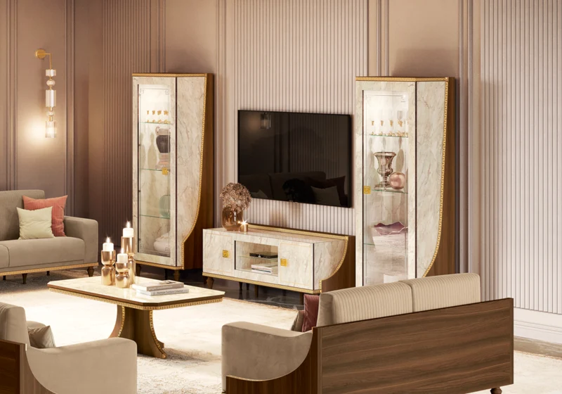 Ensemble meuble TV et 2 vitrines marbre noyer et or 24K - Romantica