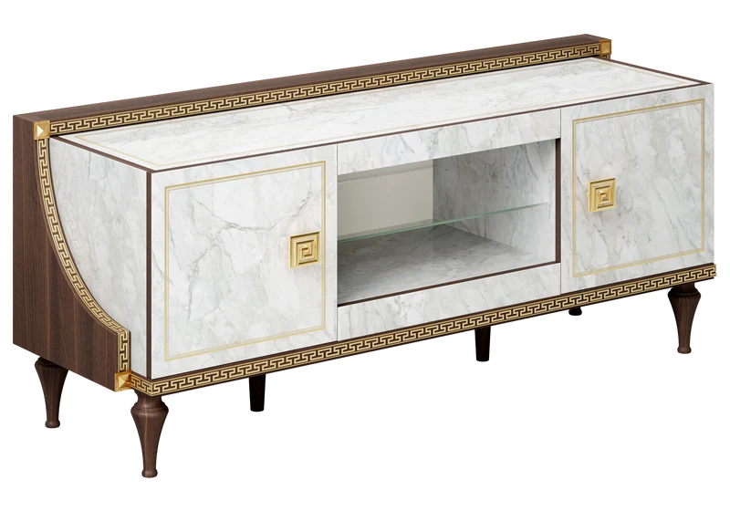 Ensemble meuble TV et 2 vitrines marbre noyer et or 24K - Romantica