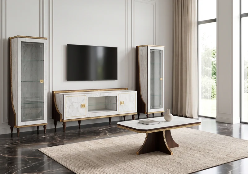 Ensemble meuble TV et 2 vitrines marbre noyer et or 24K - Romantica