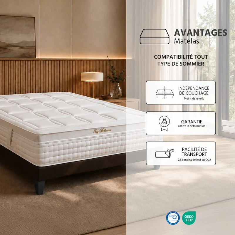 Ensemble Empereur - Matelas mémoire de forme + gel frais + Sommier bois - 33 cm d'épaisseur