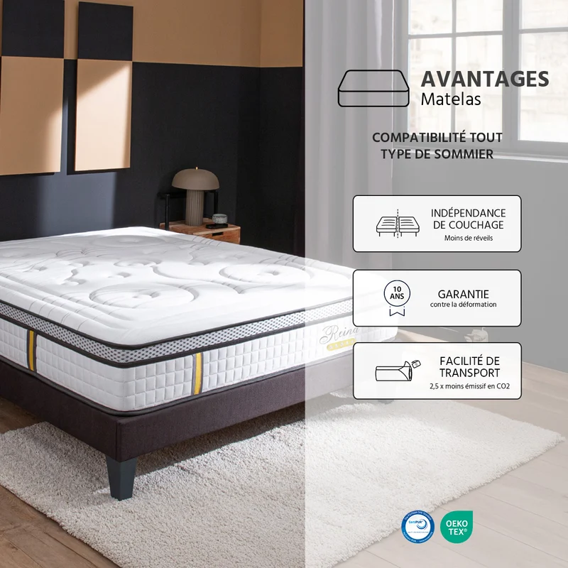 Ensemble Reina 2.0 - Matelas hybride ressorts + mémoire de forme + Sommier - 26 cm d'épaisseur