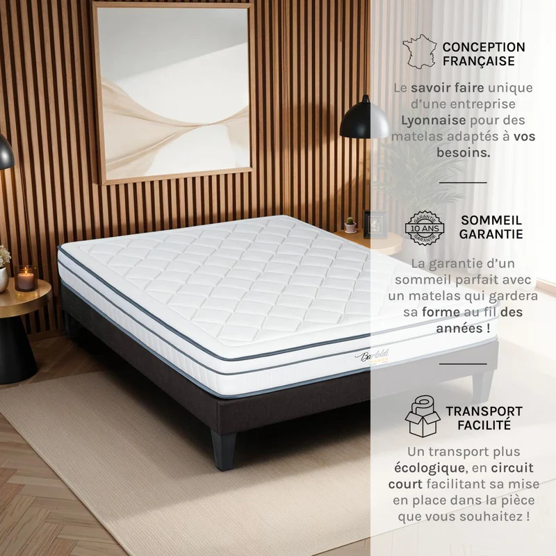 Ensemble Bartoldi - Matelas ressorts ensachés + Sommier bois - 22 cm d'épaisseur - Accueil équilibré, soutien ferme