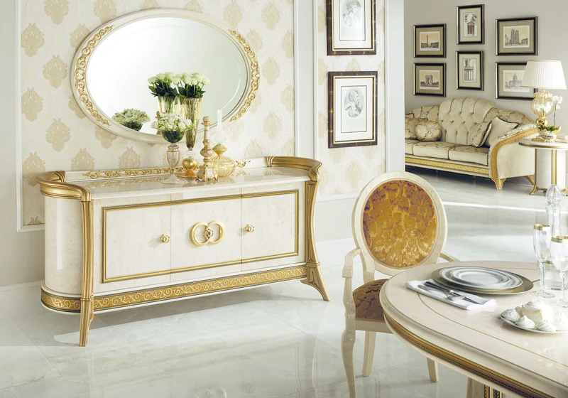 Buffet 3 portes effet marbre ivoire et or - Melodia