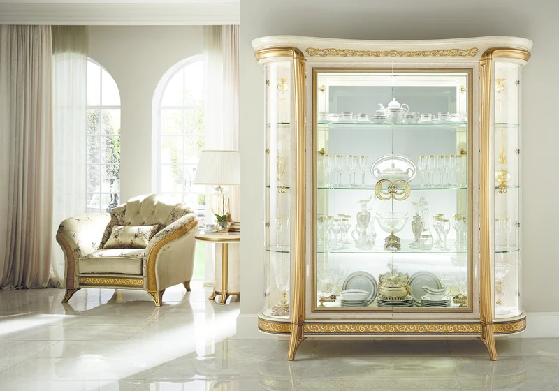 Vitrine 4 portes effet marbre ivoire et or - Melodia