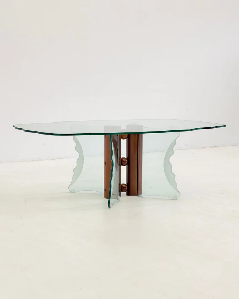 Postmodern Coffee Table with Corrugated Glass and Wooden Spheres