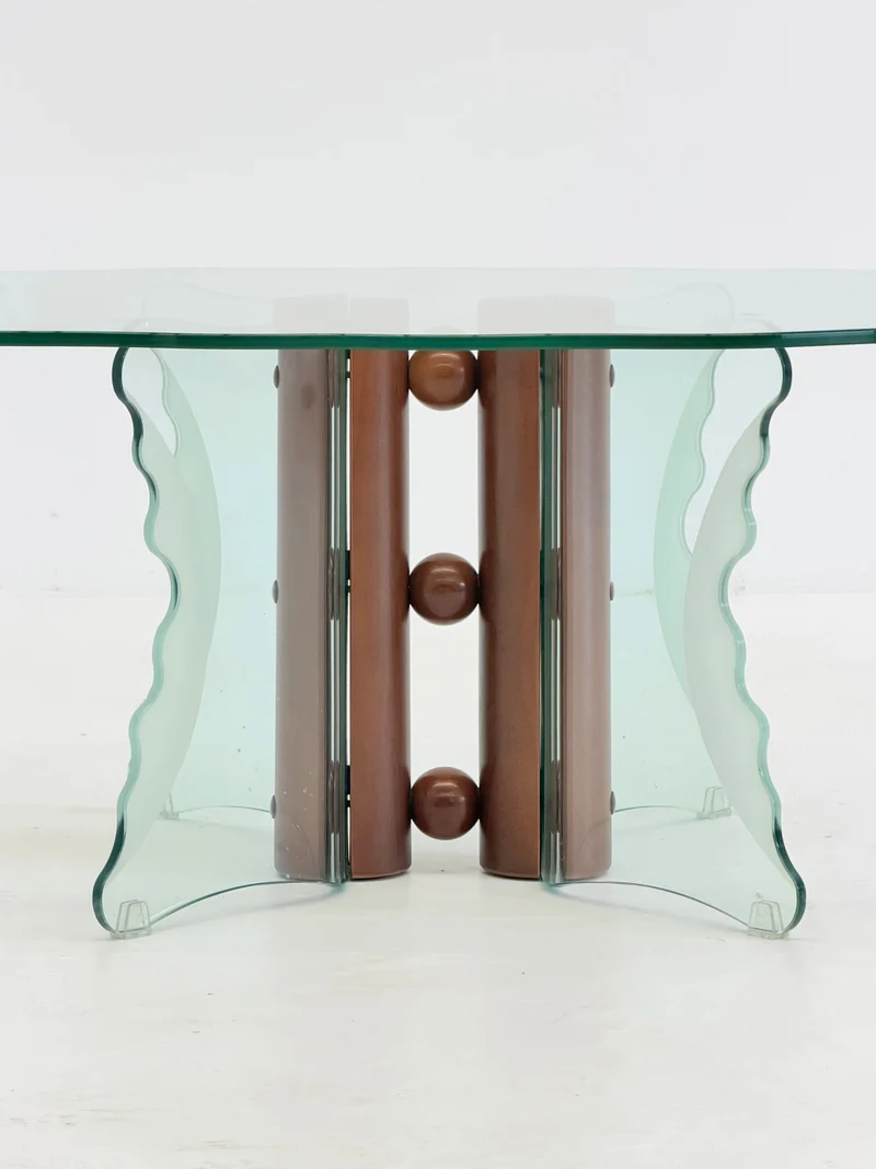Postmodern Coffee Table with Corrugated Glass and Wooden Spheres