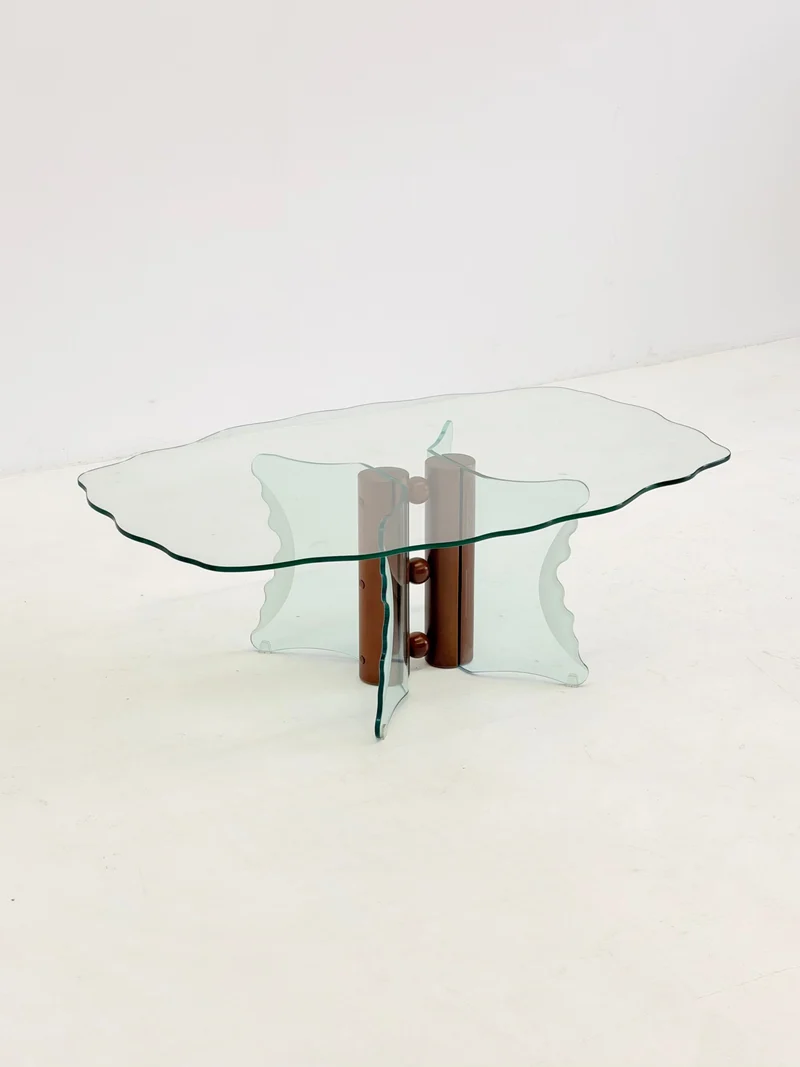 Postmodern Coffee Table with Corrugated Glass and Wooden Spheres