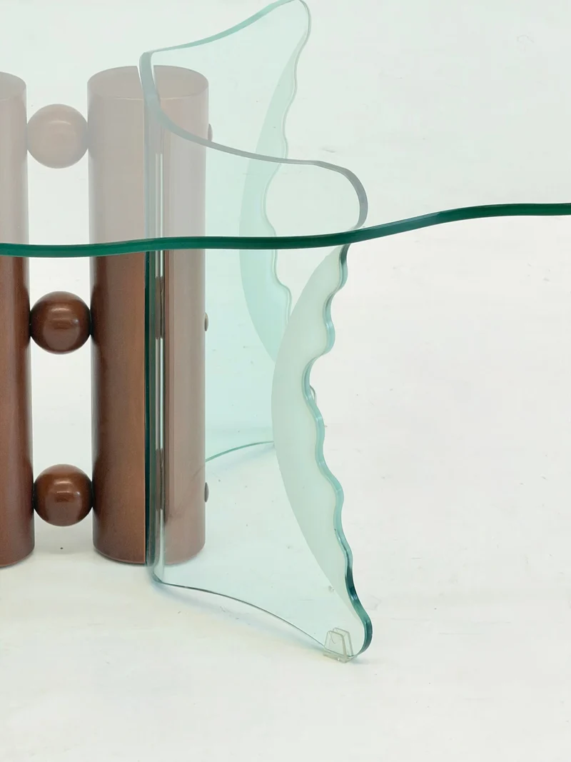 Postmodern Coffee Table with Corrugated Glass and Wooden Spheres