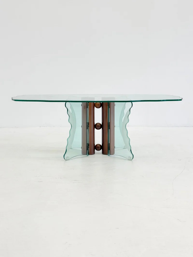 Postmodern Coffee Table with Corrugated Glass and Wooden Spheres