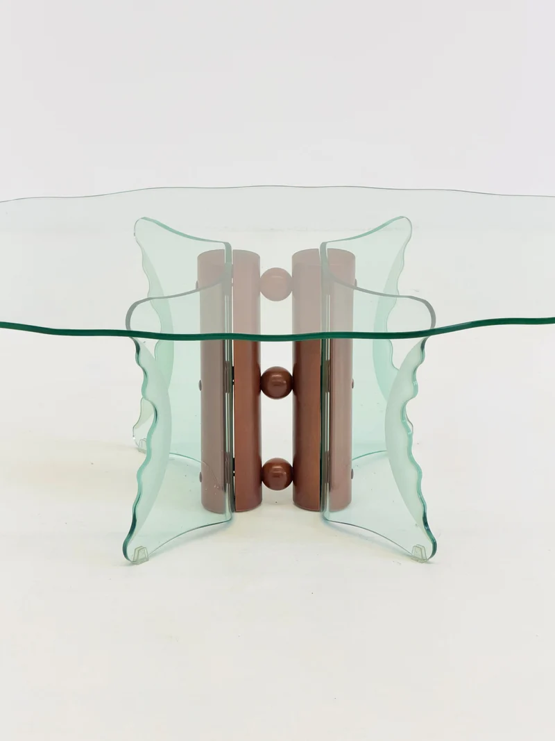 Postmodern Coffee Table with Corrugated Glass and Wooden Spheres
