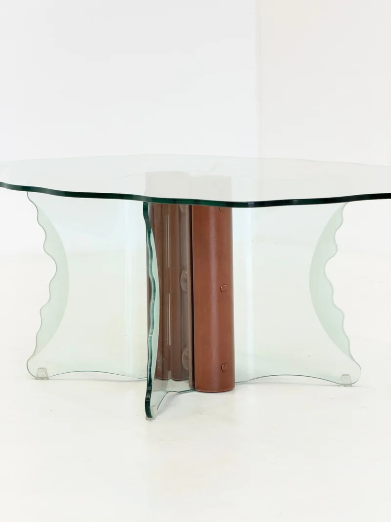 Postmodern Coffee Table with Corrugated Glass and Wooden Spheres