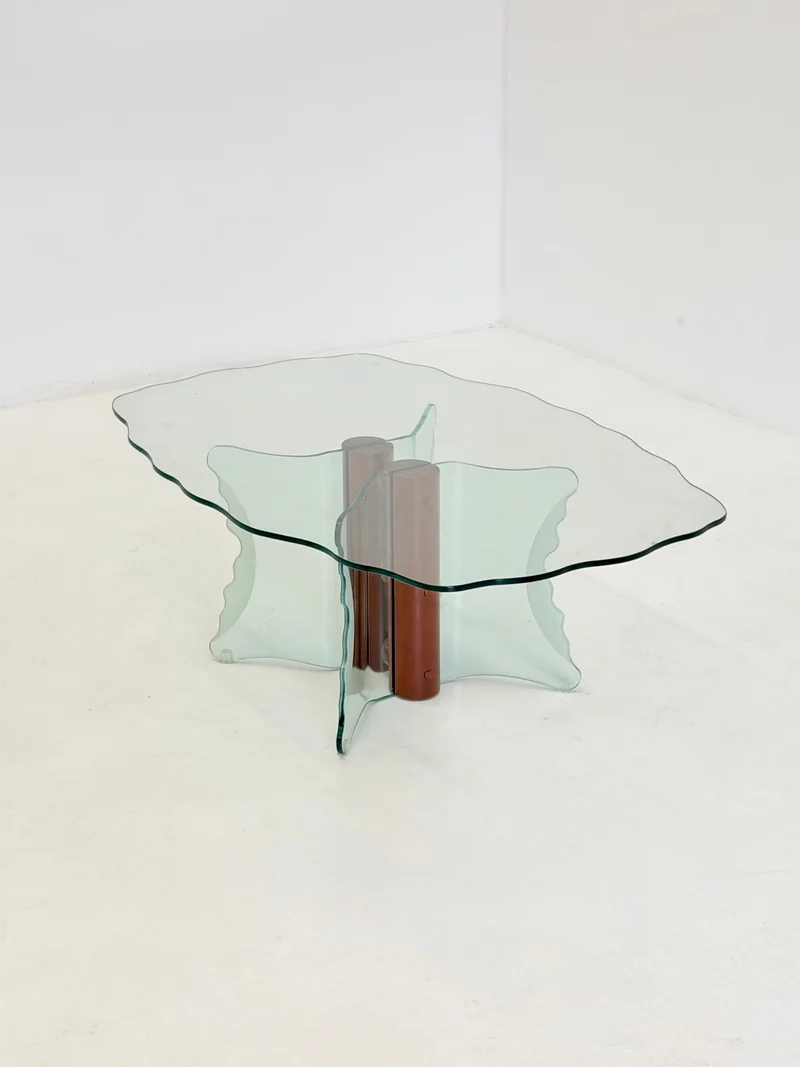 Postmodern Coffee Table with Corrugated Glass and Wooden Spheres