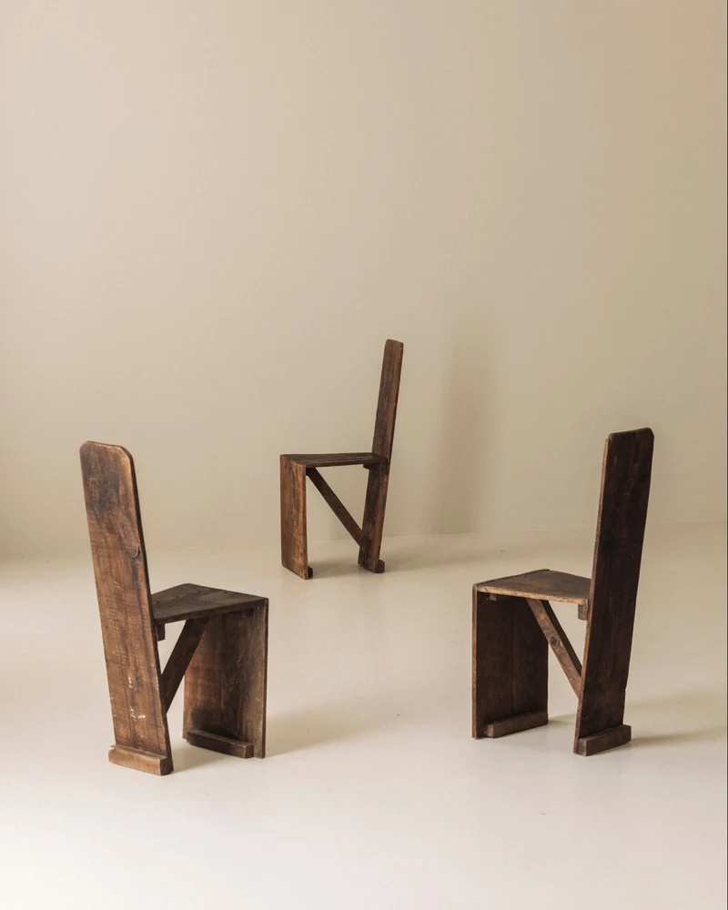 Set of 3 Primitive French Wooden Chairs, 1940s–1950s