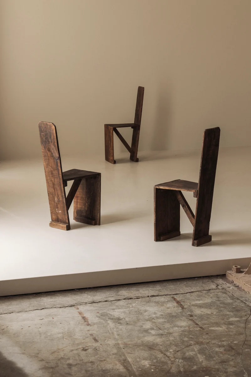 Set of 3 Primitive French Wooden Chairs, 1940s–1950s