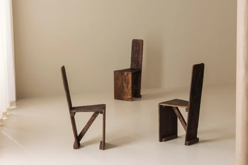 Set of 3 Primitive French Wooden Chairs, 1940s–1950s