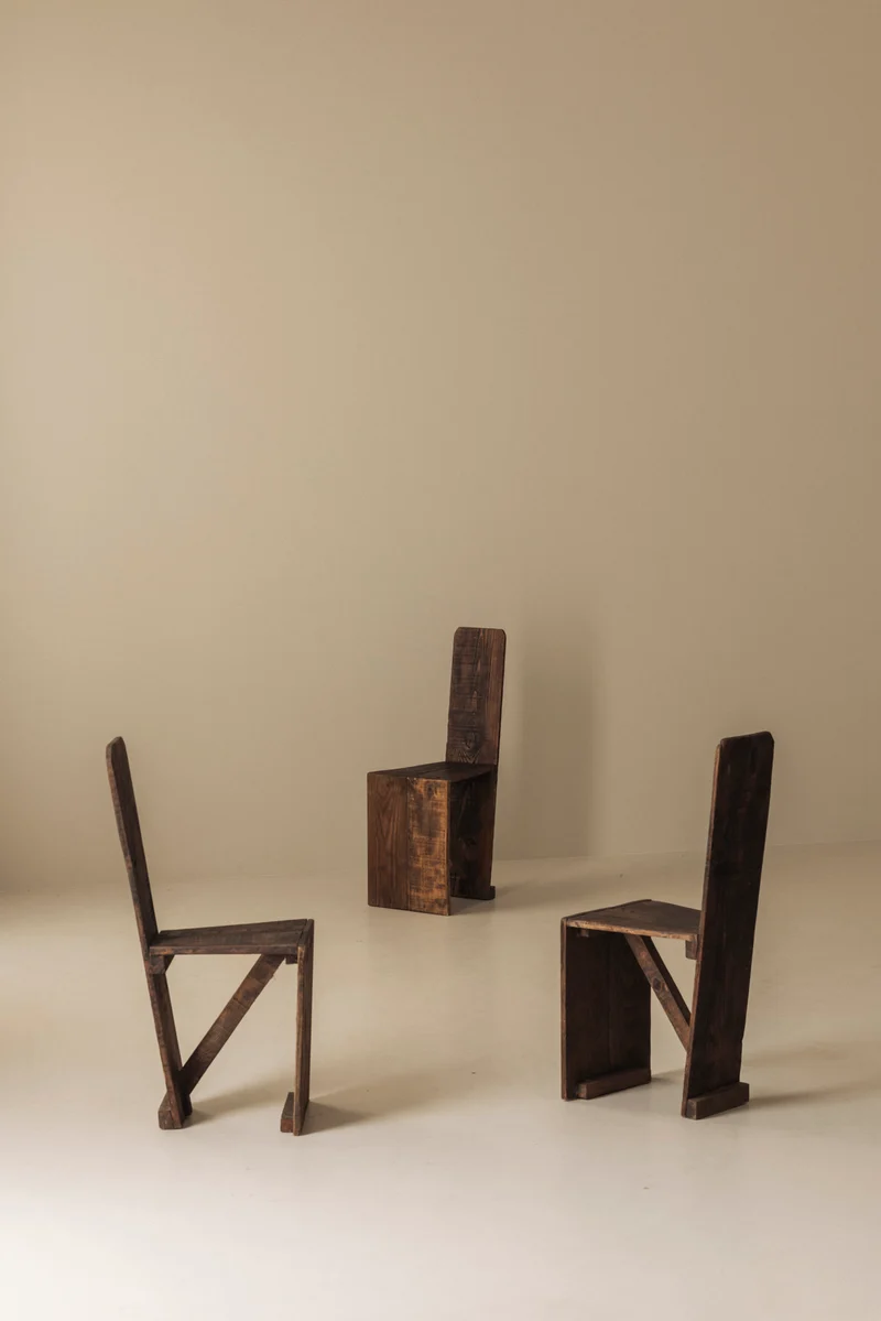 Set of 3 Primitive French Wooden Chairs, 1940s–1950s