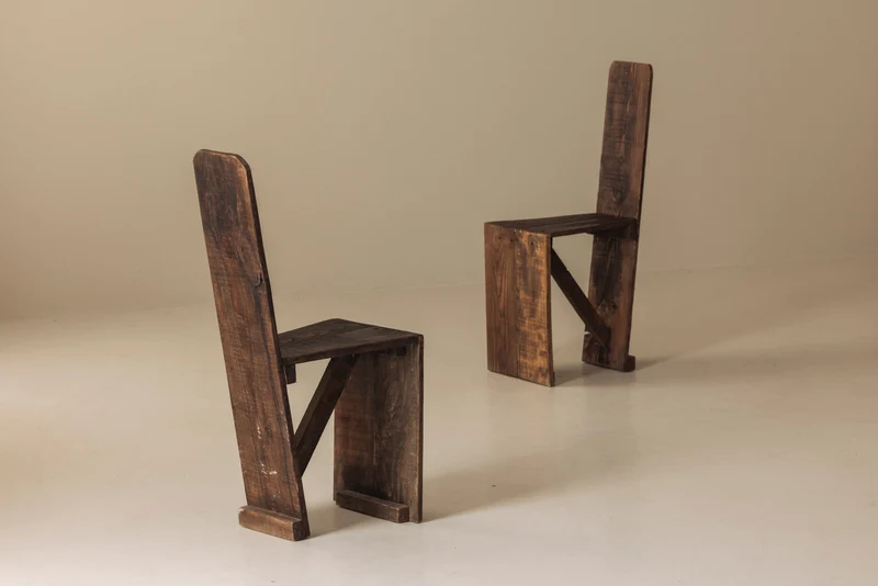 Set of 3 Primitive French Wooden Chairs, 1940s–1950s