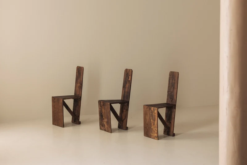 Set of 3 Primitive French Wooden Chairs, 1940s–1950s