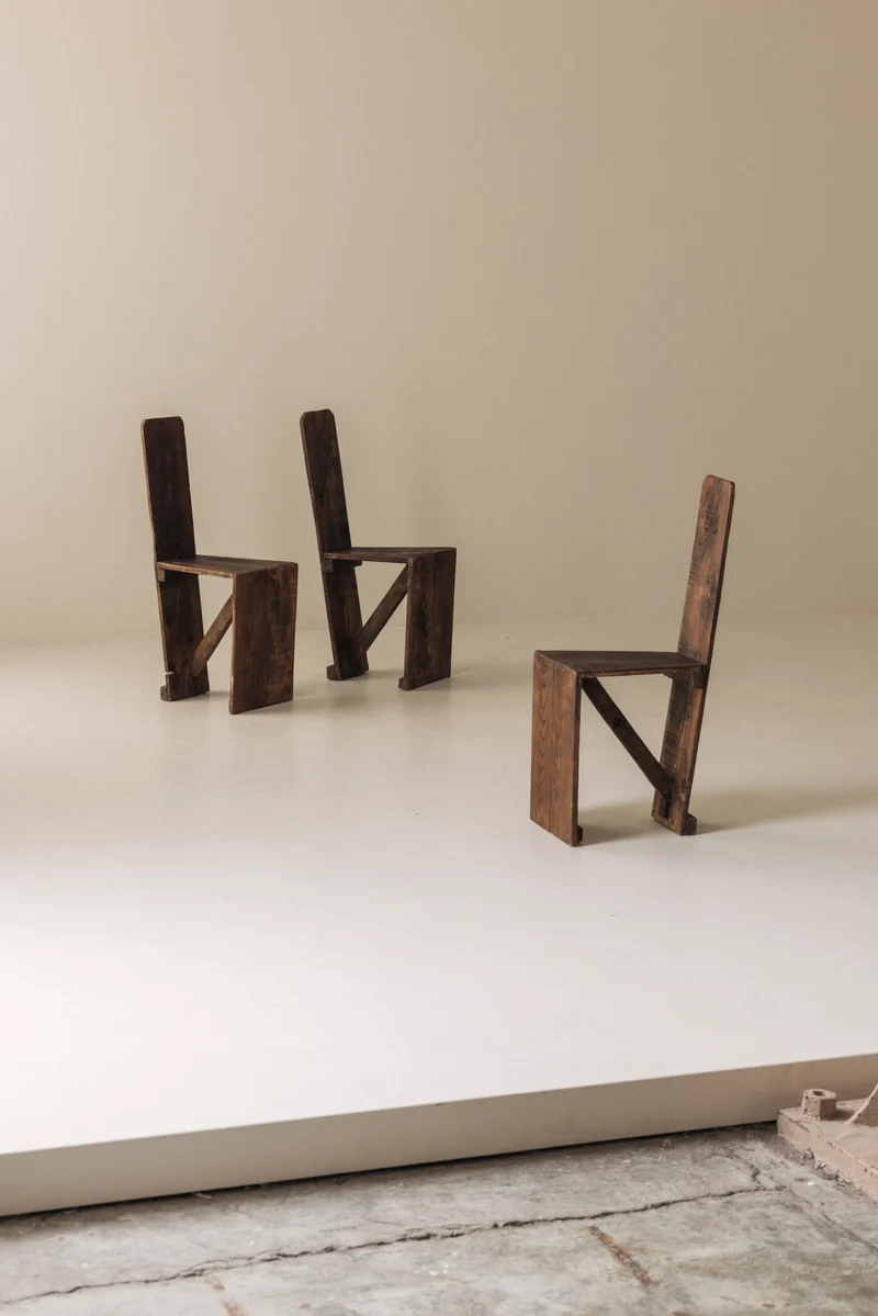 Set of 3 Primitive French Wooden Chairs, 1940s–1950s