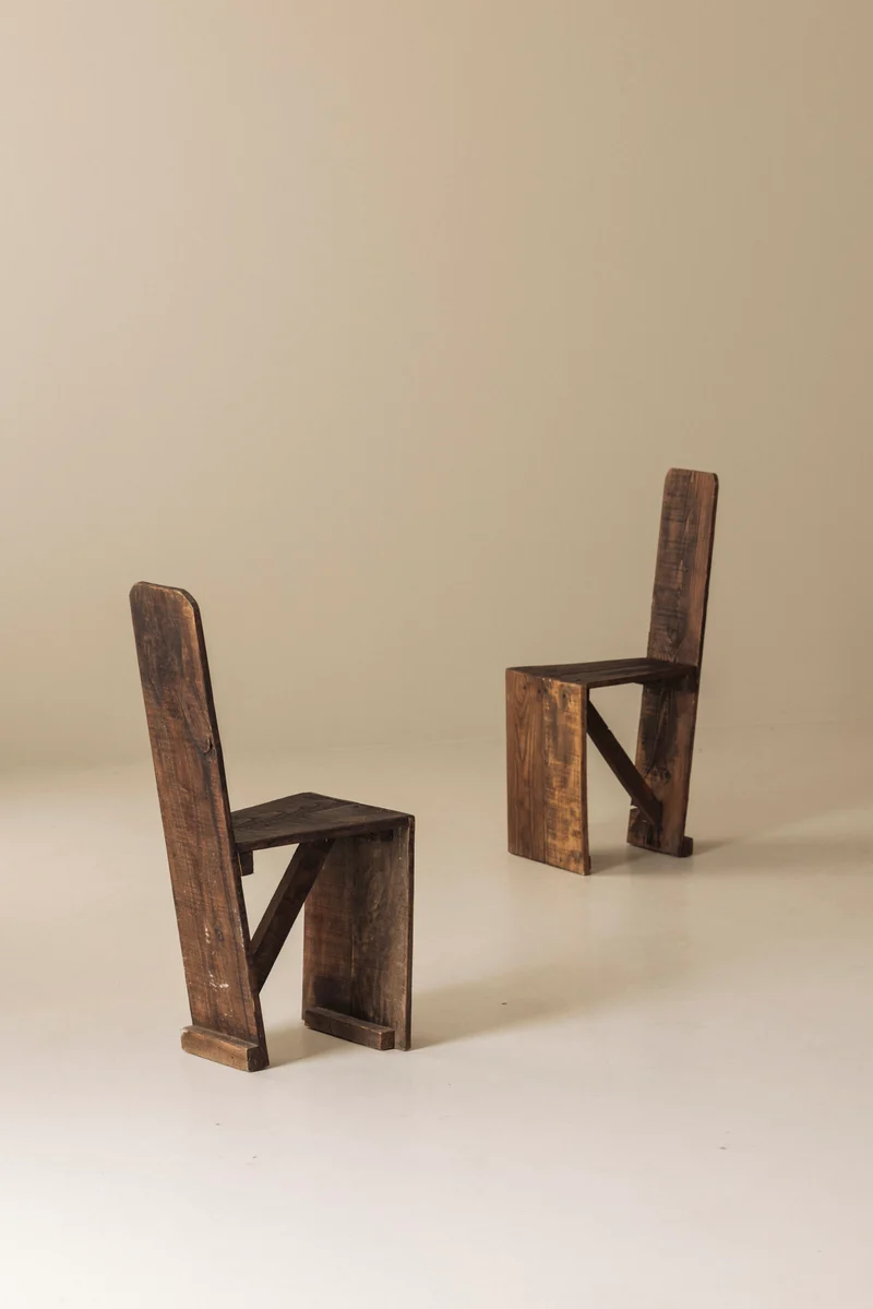 Set of 3 Primitive French Wooden Chairs, 1940s–1950s
