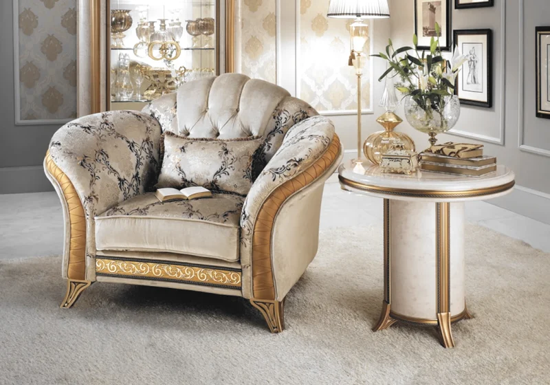 Fauteuil de salon capitonné classique italien beige et or - Melodia