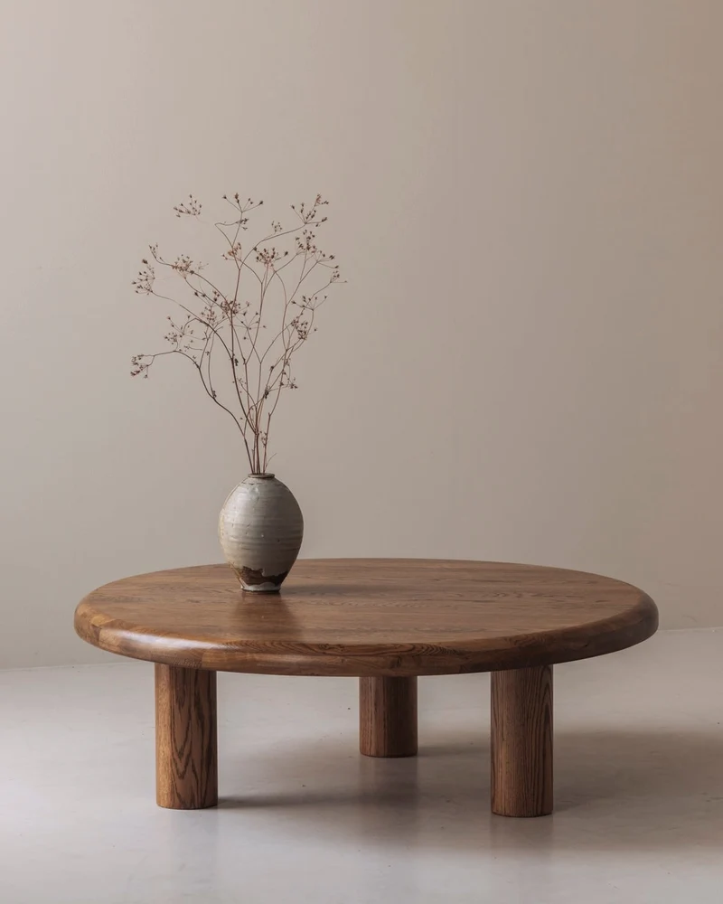 Sculptural Round Coffee Table in Solid Oak, France 1960s