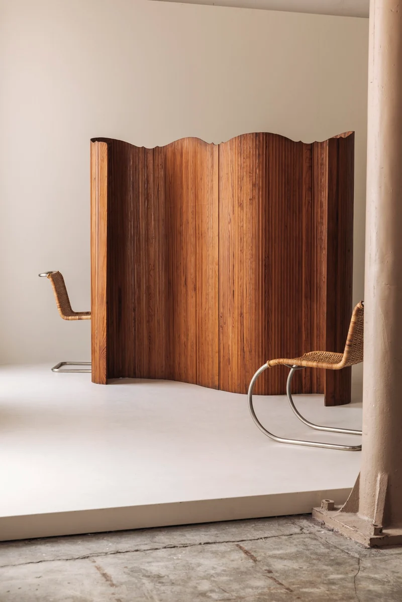 S.N.S.A. Pine Tambour Room Divider, France 1950s