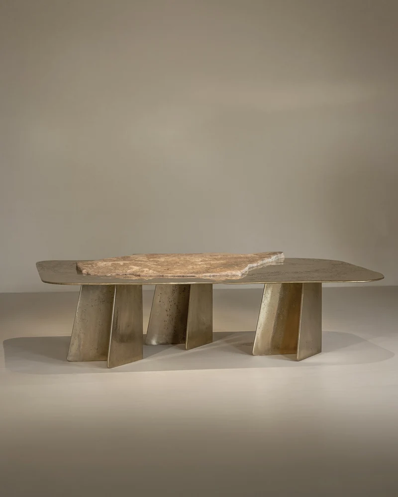 ACROPOLIS Sculptural Coffee Table - Brass and Travertine and Resin