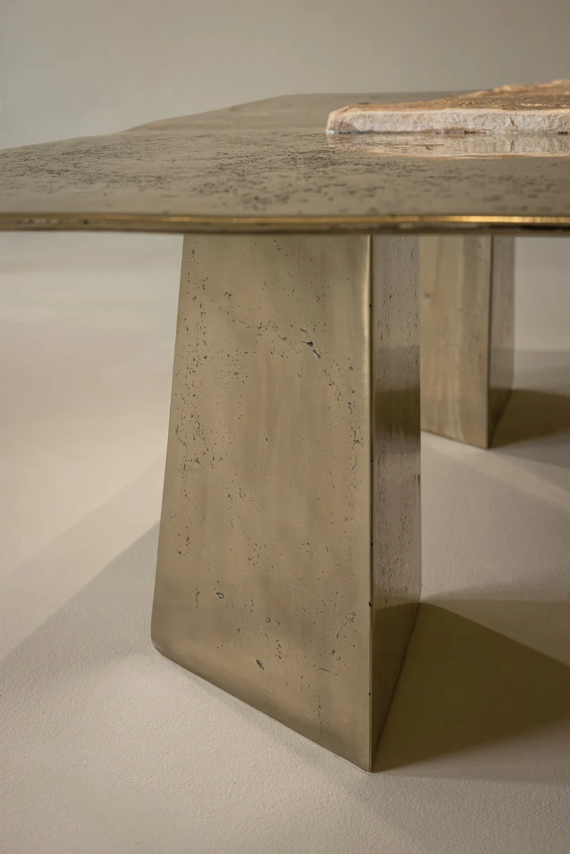 ACROPOLIS Sculptural Coffee Table - Brass and Travertine and Resin