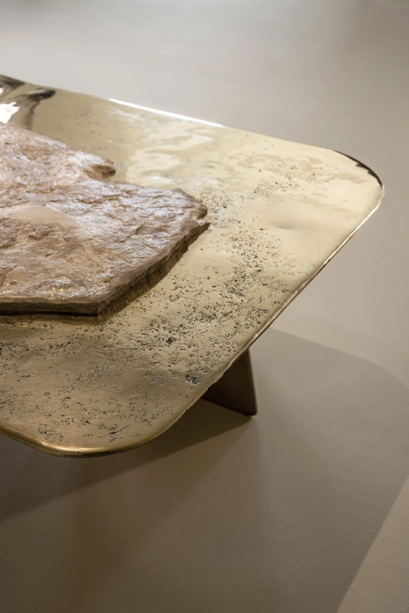 ACROPOLIS Sculptural Coffee Table - Brass and Travertine and Resin