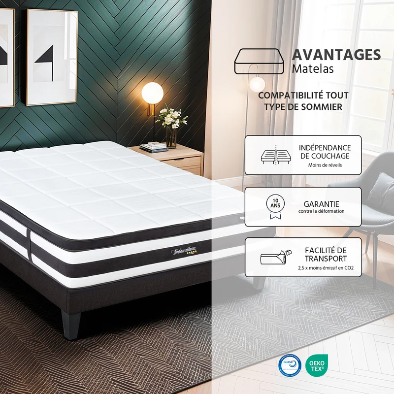 Ensemble Fontainebleau - Matelas ressorts ensachés + mémoire de forme + Sommier - 25 cm d'épaisseur