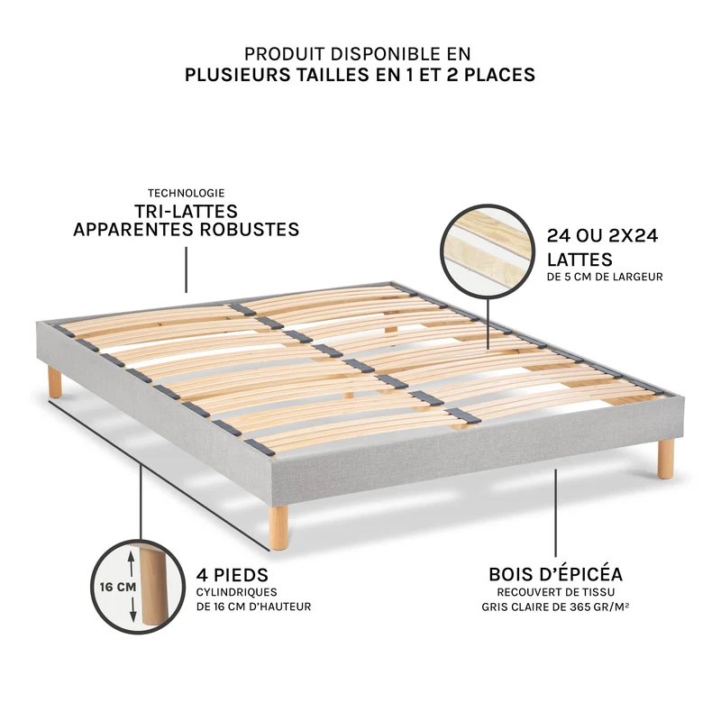 Sommier à lattes bois Capitole - Tri-lattes ergonomiques - Gris clair - Livré en kit