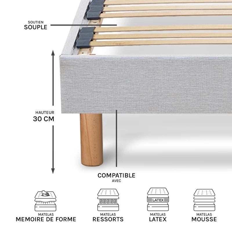 Sommier à lattes bois Capitole - Tri-lattes ergonomiques - Gris clair - Livré en kit