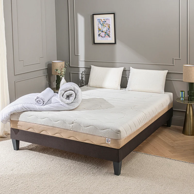 Pack prêt à dormir Leman - Matelas + Sommier + Couette, oreillers, protège-matelas - 25 cm d'épaisseur