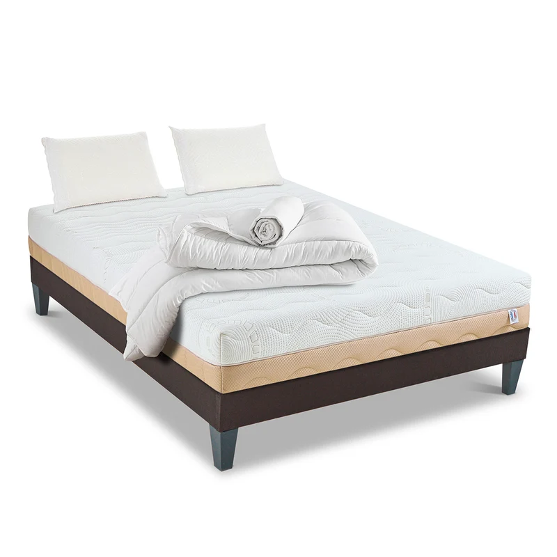 Pack prêt à dormir Leman - Matelas + Sommier + Couette, oreillers, protège-matelas - 25 cm d'épaisseur