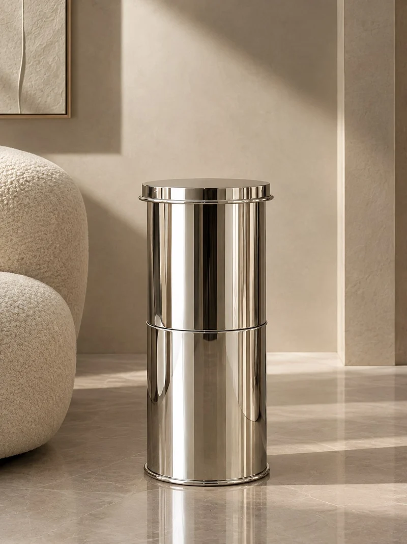 Cylindrical Side Table in Metal and mirror-polished metal - Plinth/ Pedestal