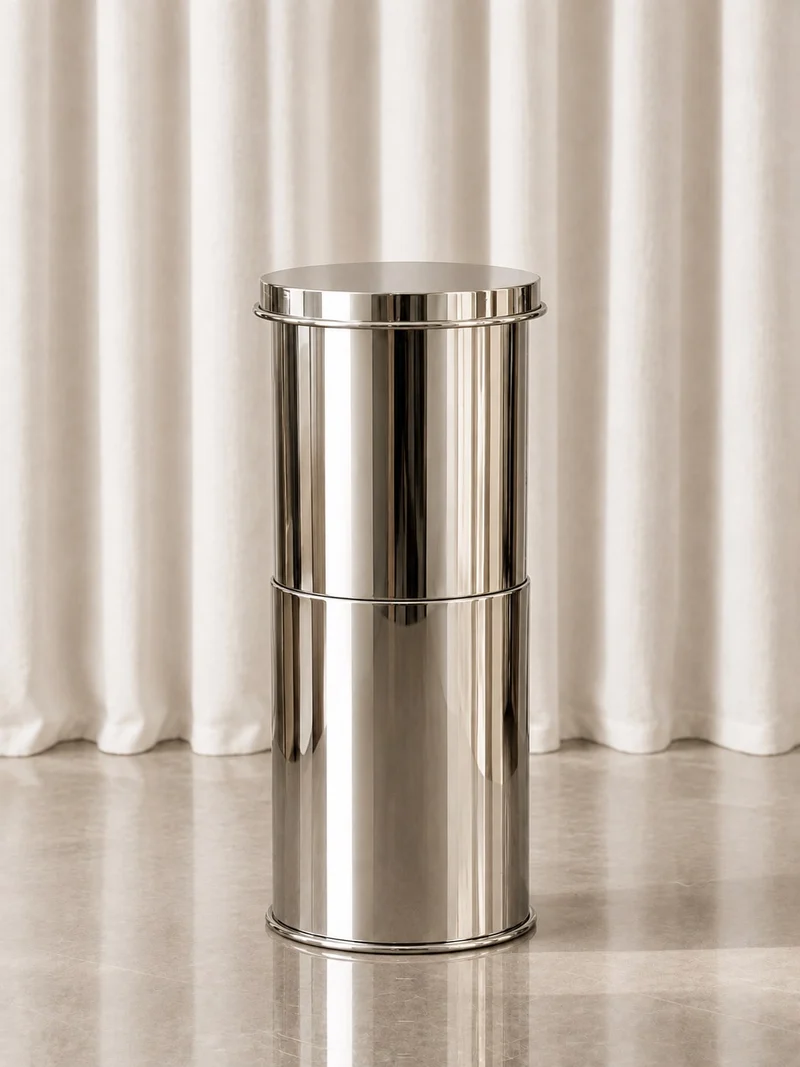 Cylindrical Side Table in Metal and mirror-polished metal - Plinth/ Pedestal