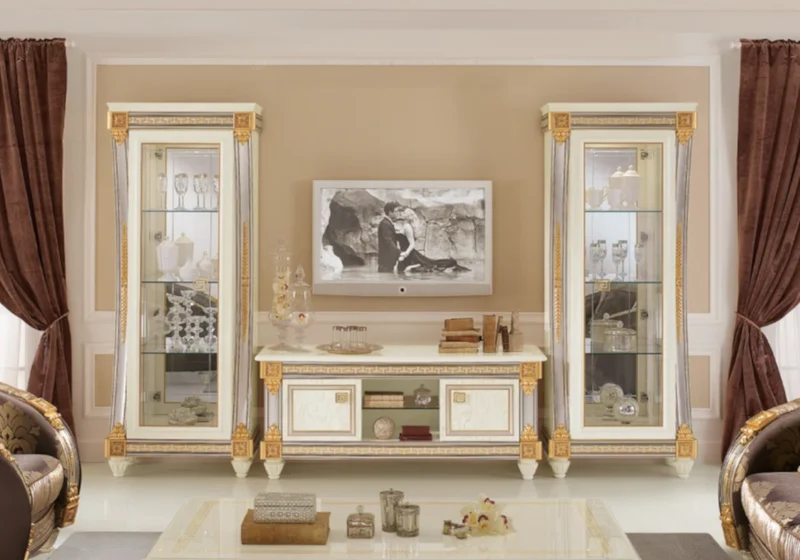 Meuble TV avec vitrines blanc laqué et doré - Liberty