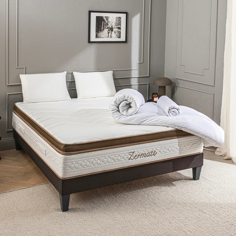 Pack prêt à dormir Zermatt - Matelas + Sommier + Couette, oreillers, protège-matelas - 31 cm d'épaisseur