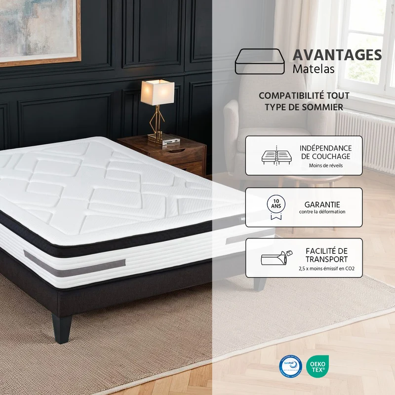 Pack Bellevue - Matelas + Sommier + Accessoires - La chambre équipée en une fois - 24 cm d'épaisseur