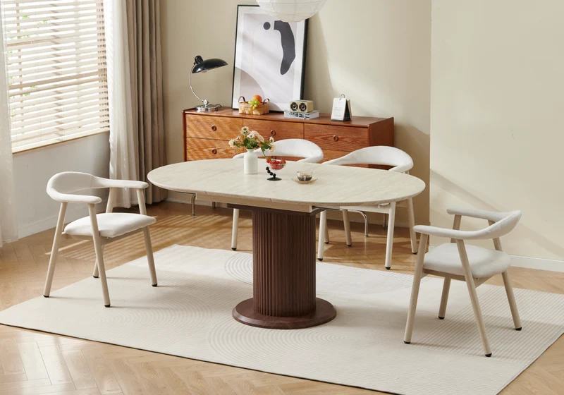 Table à manger extensible ronde travertin noyer - Leon
