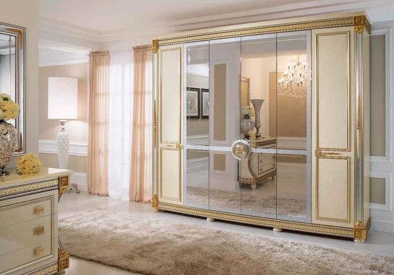 Armoire 6 portes blanc laqué et doré avec miroirs - Liberty