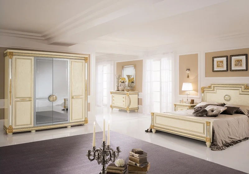 Armoire 4 portes blanc laqué et doré avec miroirs - Liberty
