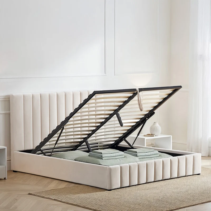Lit Coffre Velours Beige TROCADÉRO