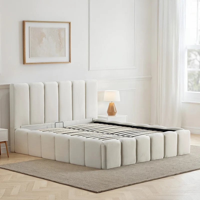 Lit Coffre Tissu Beige MADELEINE