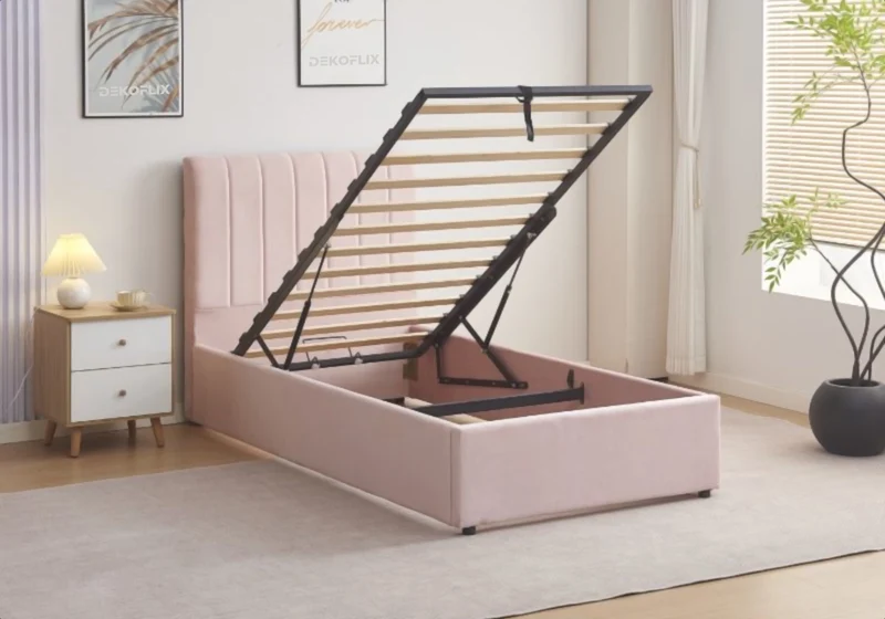 Ensemble lit coffre 90x190 velours rose et matelas - Onora