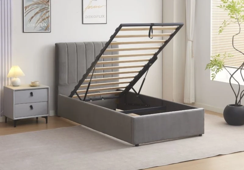 Ensemble lit coffre 90x190 velours gris et matelas - Onora