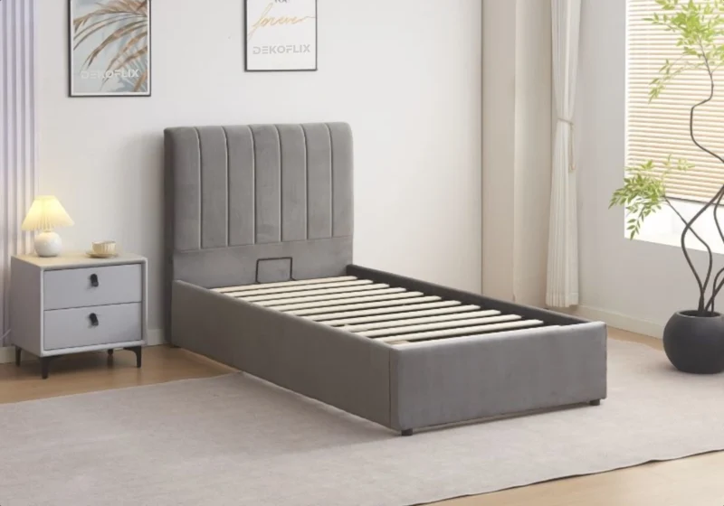 Ensemble lit coffre 90x190 velours gris et matelas - Onora
